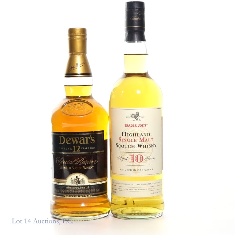 Dewar's 12 & Highland S.M. TJ's 10 Year Scotch (2): Two (2) bottles of Scotch Whisky. #1 - Dewar's 12 Year old Special Reserve Scotch Whisky, 43%abv, 750ml, Bottle Number D34144. #2 - Trader Joe's Highland Single Malt Scotch Whisky, Aged 10 Years in Oa