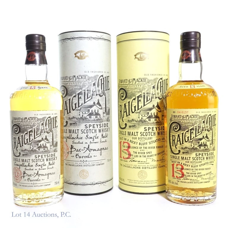 Craigellachie 13 Yr. SM Scotch Whisky, Speyside, 2: Two bottles of Craigellachie 13 year Speyside Single Malt Scotch Whisky. Both are 46%abv, 750ml, with cylinders. Includes one Craigellachie aged in Bas-Armagnac barrels.