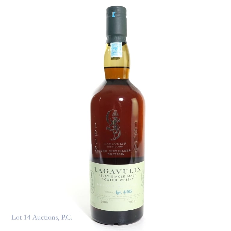 2016 Lagavulin Distiller's Ed. Dbl Matured Scotch: Lagavulin 16 Year Islay Single Malt Scotch Whisky, The Distillers Edition, Double Matured. Batch No. Igv. 4/505. Distilled 2000, bottled 2016. 43%abv, 750ml.