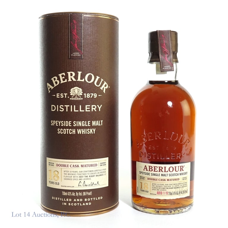 Aberlour 18 Yr Double Cask Scotch, Speyside: Aberlour 18 Year Old Speyside Single Malt Scotch Whisky, Double Cask Matured in American Oak Casks and Sherry Oak Casks, 43%abv, 750ml, in canister.