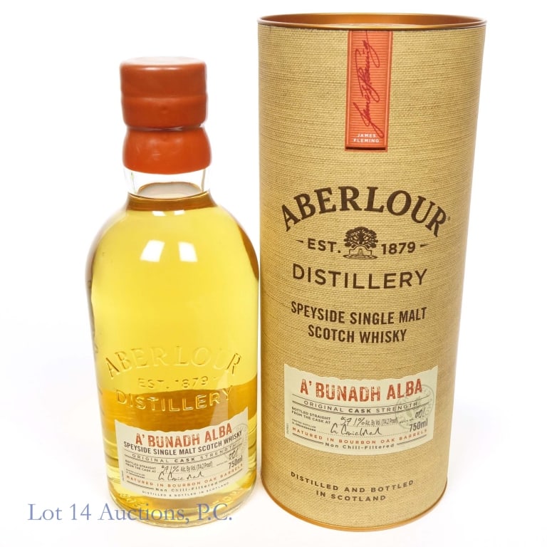 Aberlour A'bunadh Alba SM Scotch (Batch 1) Sgd.: Aberlour A'bunadh Alba Single Malt Scotch, 114.2 Proof, 750 ml, Batch #1, Cylinder tube included. Bottle is signed.