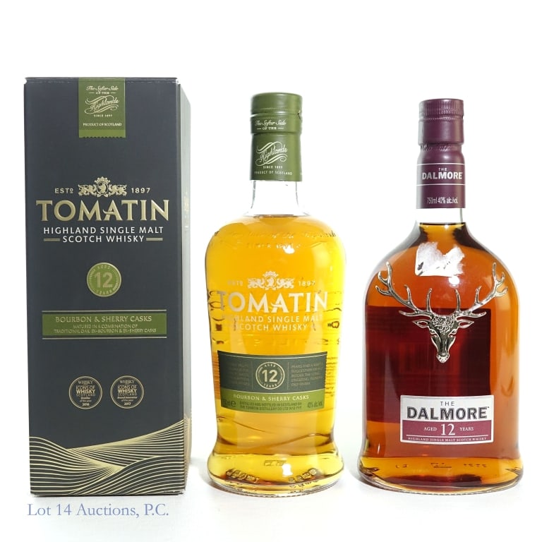 12 Year Tomatin & Dalmore S.M. Scotch, Highland, 2: Two (2) bottles of twelve (12) year old Highland Single Malt Scotch Whisky. #1 - Tomatin 12 Year Old Highland Single Malt Scotch Whisky, matured in traditional oak, ex-bourbon & ex-sherry casks, 43%ab