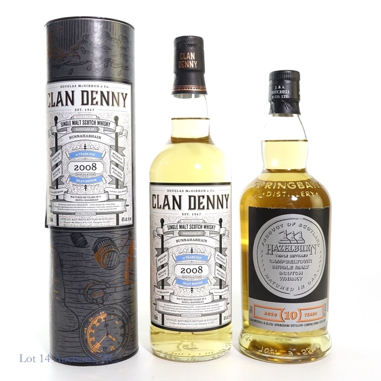 10 Year Clan Denny & Hazelburn Sgl Malt Scotch (2): Two (2) bottles of Single Malt Scotch Whisky. #1 - 2008 distilled 10 year old Clan Denny, Islay Single Malt Scotch Whisky, 46%abv, 750ml., in cylinder. #2 - 10 Year old Hazelburn (by Springbank) Campb