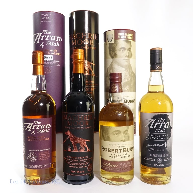 Arran Distillers 10 Yr, R. Burns, Machrie Moor...4: Four (4) bottles of Single Malt Scotch Whisky from Isle of Arran Distillers. #1 - The Arran Malt 2007 10 Year Single Malt Scotch Whisky, limited to 12,000 bottles. 54.2%abv, 750ml, Master Distiller Ja