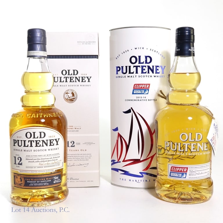 Old Pulteney SM Scotch 12 Year & Clipper Commem, 2: Two (2) bottles of Old Pulteney Single Malt Scotch Whisky, Wick. #1 - 12 year old Old Pulteney, 40%abv, 750ml, in box. #2 - Old Pulteney Single Malt Scotch Whisky in 2013 - 2014 Clipper Round the Worl