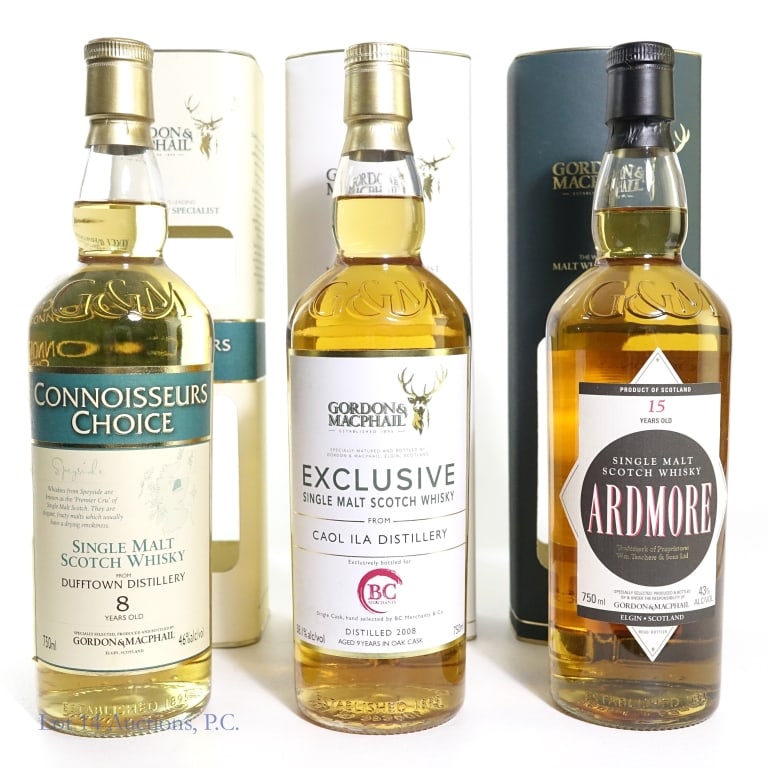 Gordon & MachPhail 8, 9, 15 Year S.M. Scotch (3): Three (3) bottles of Gordon & MacPhail Single Malt Scotch Whisky. #1 - 8 Year old Gordon & MacPhail Dufftown Distillery Single Malt Scotch Whisky, 46%abv, 750ml, in box. #2 - 9 Year old 2008 (distille