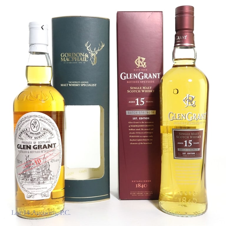 Gordon & MacPhail 10, 15 Year Glen Grant Scotch, 2: Two (2) bottles of Glen Grant Single Malt scotch. Gordon & MacPhail Glen Grant 10 year Single Malt Scotch, 43%abv, 750ml, with box. Glen Grant 15 Year Batch Strength 1st Edition Single Malt Scotch Whi