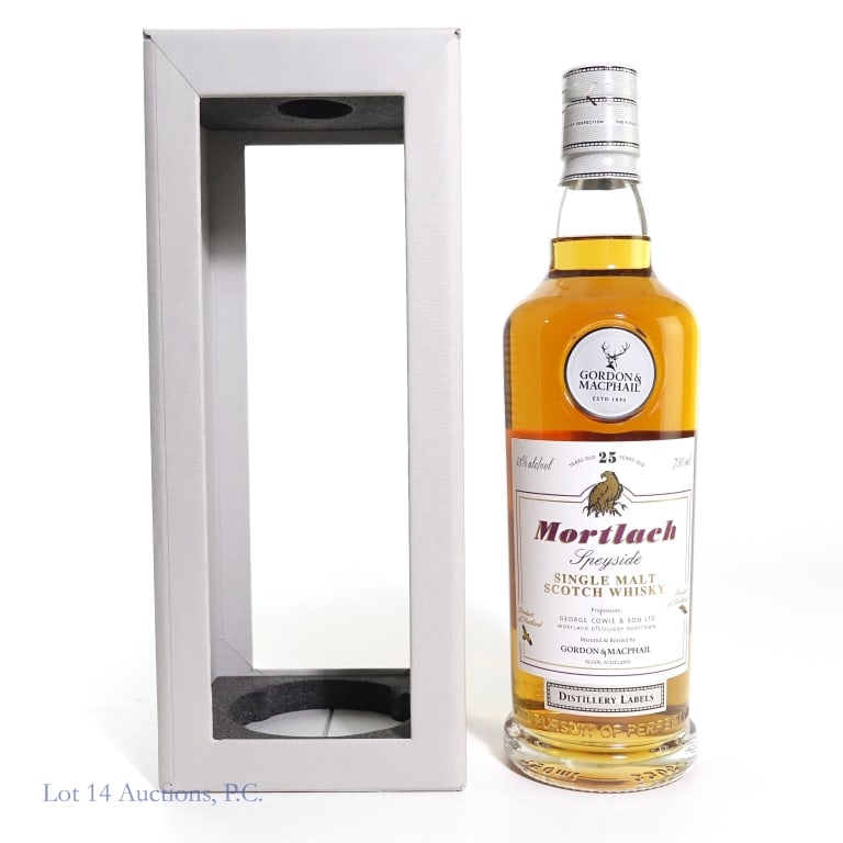 Gordon & MacPhail 25 Year Mortlach SM Scotch: Gordon & MacPhail 25 year old Mortlach Single Malt Scotch Whisky, Speyside, 43%abv, 750ml, in box. Distillery Labels Series.