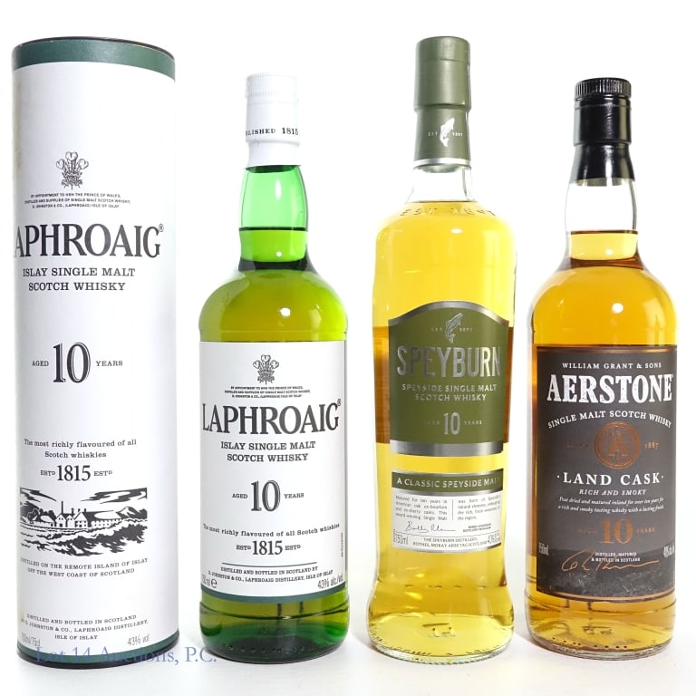 Laphroaig, Speyburn & Aerstone 10 Yr. SM Scotch, 3: Three (3) 10 year old Single Malt Scotch Whisky. #1 - Laphroaig Islay 10 year Single Malt Scotch Whisky, 43%abv, 750ml, in cylinder. #2 - Speyburn 10 year Speyside Single Malt Scotch Whisky 40%abv, 75