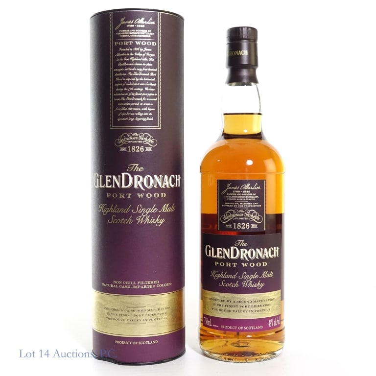 GlenDronach Port Wood Highland Single Malt Scotch: GlenDronach Port Wood Highland Single Malt Scotch Whisky, 46%abv, 750ml, in cylinder (minor damage to cylinder).
