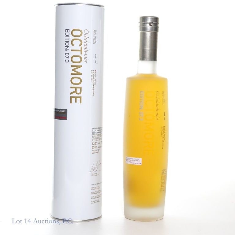 Bruichladdich Octomore Edition: 07.3 5 Yr Islay: Bruichladdich Octomore Edition: 07.3 5 Yr Islay Barley, Super-Heavily Peated Single Malt Scotch Whisky, 63%abv, 750ml. In cylinder.
