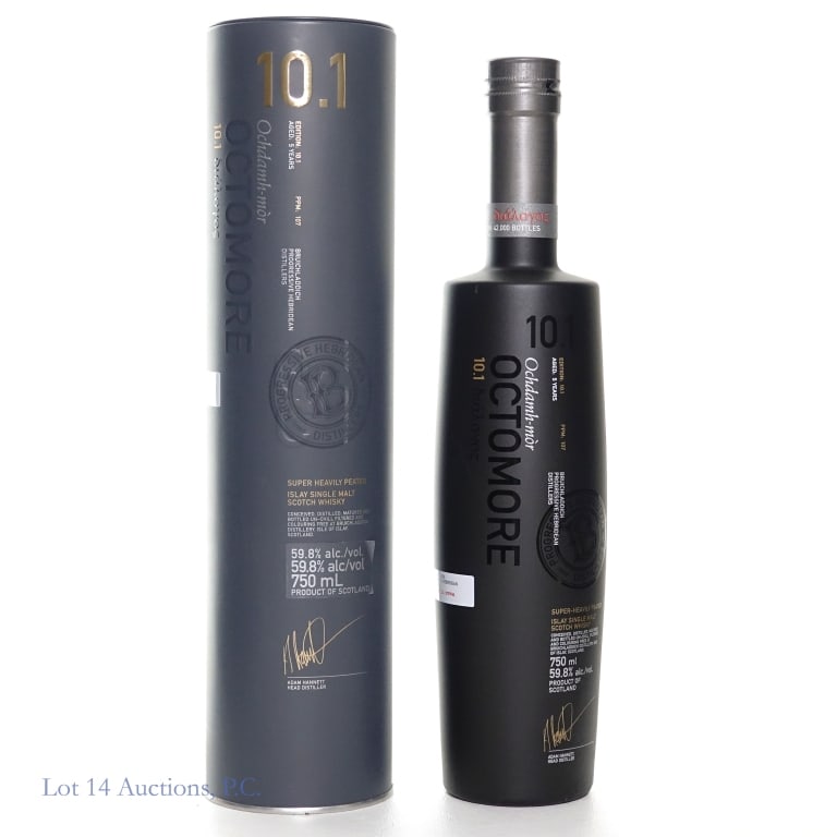 Bruichladdich Octomore 10.1 5 Year: Bruichladdich Octomore 10.1 5 Year Super Heavily Peated Islay Single Malt Scotch Whisky. 59.8%abv, 750ml. In cylinder.