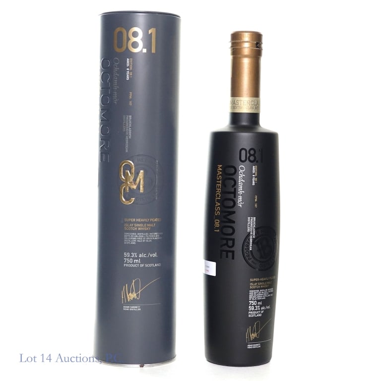 Bruichladdich Octomore Masterclass_08.1 Scotch 8Yr: 8 Year old Bruichladdich Octomore Masterclass_08.1 Islay Single Malt Scotch Whisky. 59.3%abv, 750ml. In cylinder.