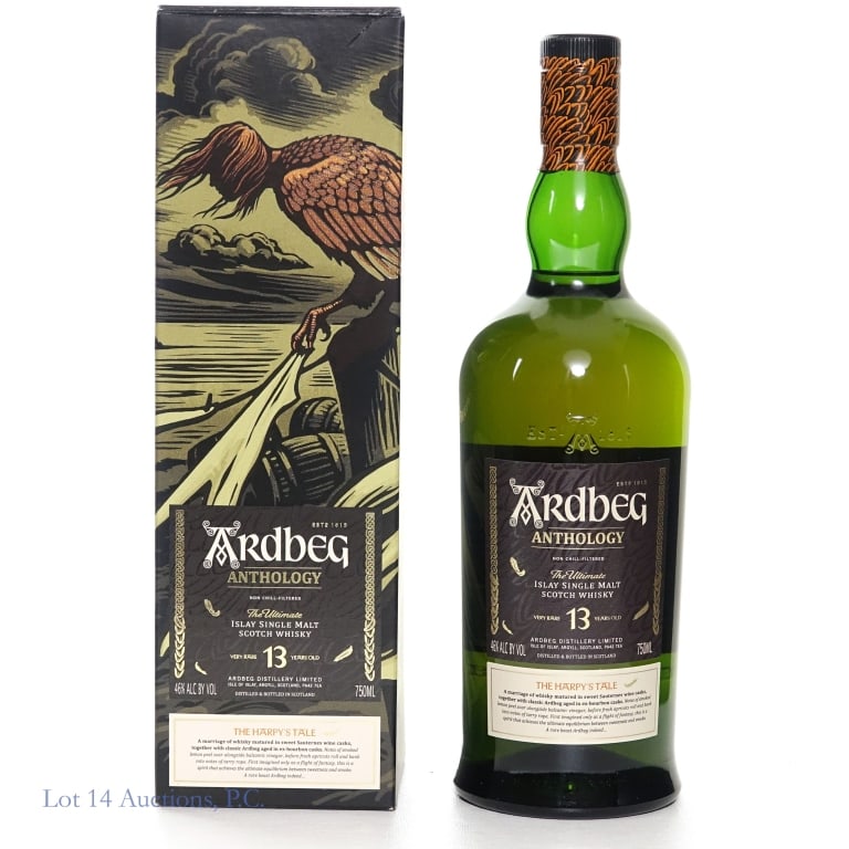 Ardbeg Anthology 13 Yr. Old Harpy's Tale SM Scotch: 13 Year old Very Rare Ardbeg Islay Single Malt Scotch Whisky, "The Harpy's Tale", 46%abv, 750ml, in box.