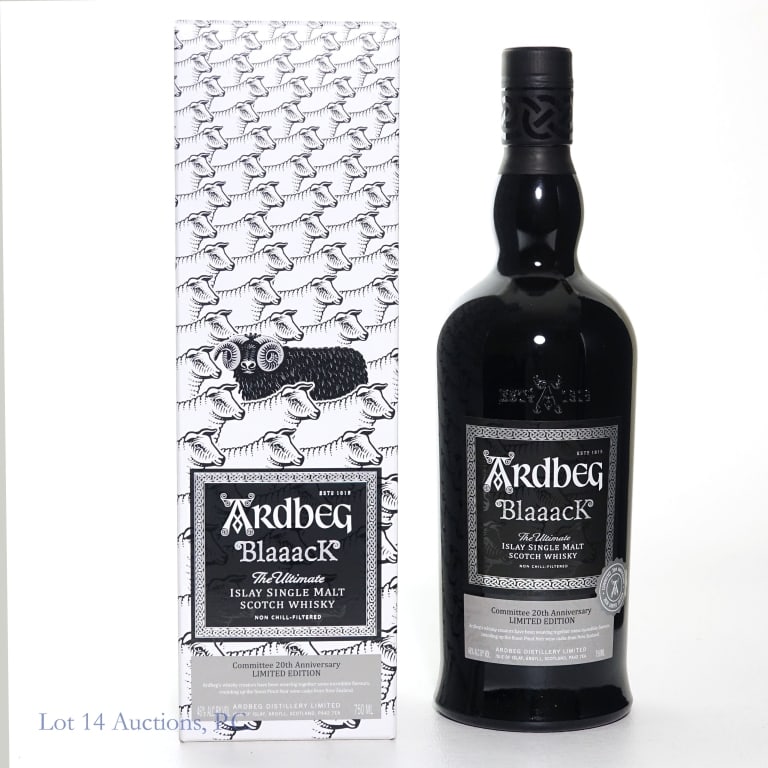 Ardbeg Blaaack 2020 Release Islay S.M. Scotch: Ardbeg Blaaack Committee 20th Anniversary Limited Edition 2020 Release Islay Single Malt Scotch Whisky, 46%abv, 750ml. With Box. Etch: L2379659 31/01/2020, 010766.