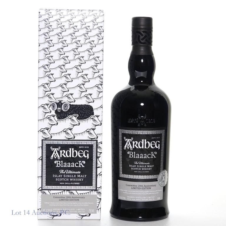 Ardbeg Blaaack 2020 Release Islay S.M. Scotch: Ardbeg Blaaack Committee 20th Anniversary Limited Edition 2020 Release Islay Single Malt Scotch Whisky, 46%abv, 750ml. With Box. Etch: L2379659 31/01/2020, 001372.