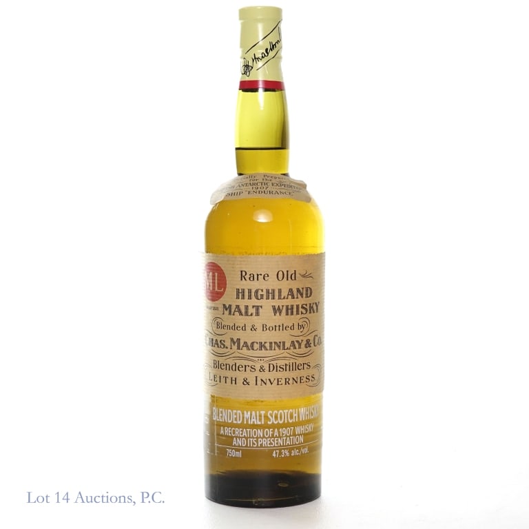 Mackinlay's - Shackleton Replica (2nd Edition): Chas. Mackinlay & Co. Recreation of the 1907 "Endurance" British Antarctic Expedition special blended malt Scotch Whiskey from Leith & Inverness. (Bottle only).