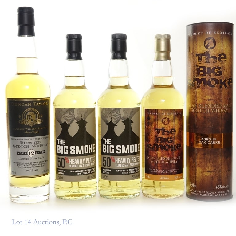 Duncan Taylor 12 Yr, 2X Big Smoke Scotch Whisky, 4: Three (3) bottles of blended Scotch Whisky. One (1) bottle of Duncan Taylor 12 year old scotch whisky, 40%abv, 750ml. One (1) bottle of The Big Smoke Islay Blended Malt Scotch Whisky Aged in Oak Casks