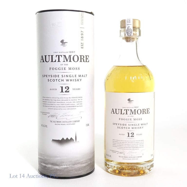 Aultmore Foggie Moss 12 Year Speyside S.M. Scotch: 12 Year old Aultmore of the Foggie Moss Speyside Single Malt Scotch Whisky, 46%abv, 750ml. With cylinder.
