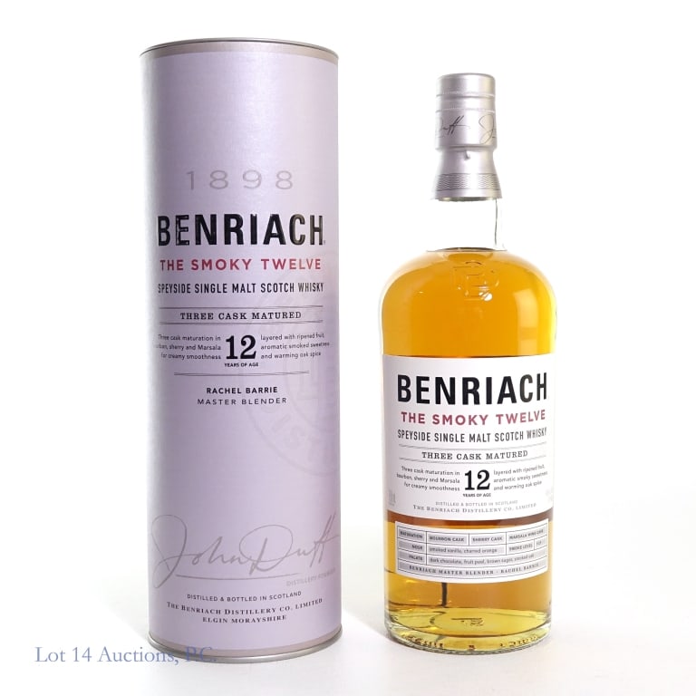Benriach 12 Year Speyside S.M. Scotch Whisky: 12 year old Benriach "The Smoky Twelve" Speyside Single Malt Scotch Whisky, Three Cask Matured. Rachel Barrie, Master Blender. 46%abv, 750ml. In cylinder.