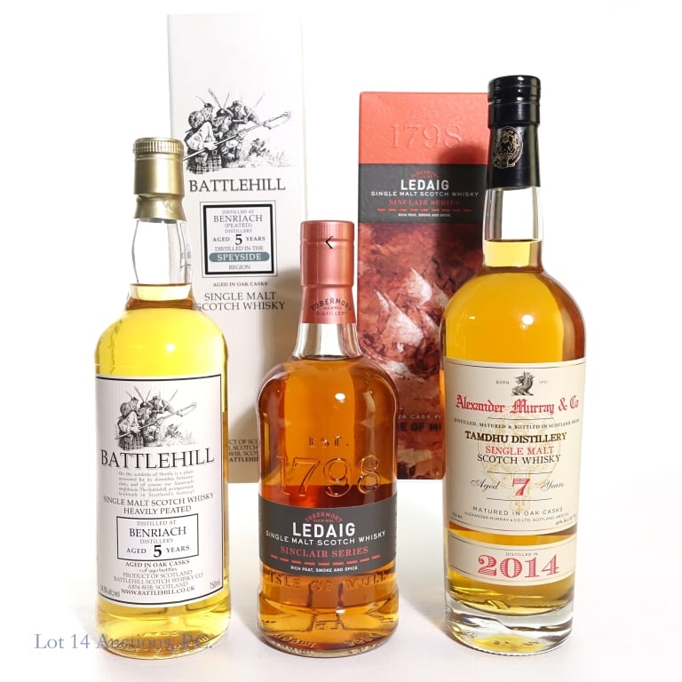 Alexander Murray, Battlehill, Ledaig SM Scotch (3): Three (3) bottles of Single Malt Scotch Whisky. #1 - 2014 7 Year old Alexander Murray Tandhu Distillery Single Malt Scotch Whisky, 40%abv, 750ml. #2 - 5 Year old Battlehill Speyside, Benriach (Peated)