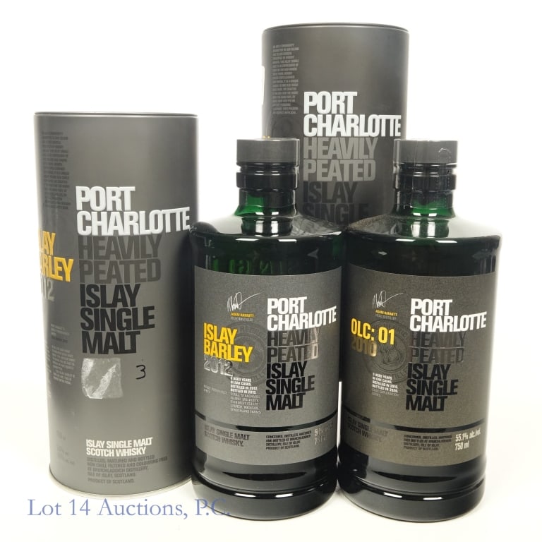 2010&12 Port Charlotte Islay S.M. Scotch, Islay, 2: Two (2) Bottles of Port Charlotte Islay Heavily Peated Single Malt Scotch. #1 - 2010 Port Charlotte Islay Heavily Peated Single Malt OLC: 01, 55.1%, 750ml, with cylinder. #2 - 2012 Port Charlotte Isla