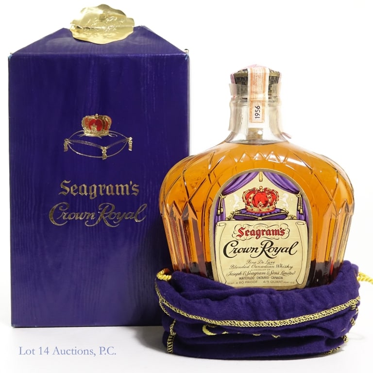 1956 Crown Royal Canadian Whisky: 1956 Crown Royal Canadian Whisky, 80 proof, 4/5 quart. Cello is cracked, strips are good. Very good fill, with bag and box.