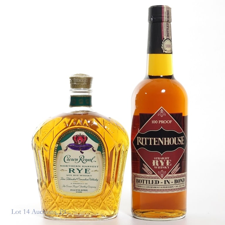 2 Ryes: Rittenhouse Bonded & Crown Royal (2): Two (2) bottles of Rye: #1 - Rittenhouse Bottled in Bond Straight Rye Whisky, 100 proof, 750ml, Distilled and bottled by Heaven Hill. #2 - Crown Royal Canadian Rye whisky. 90 proof, 750ml.