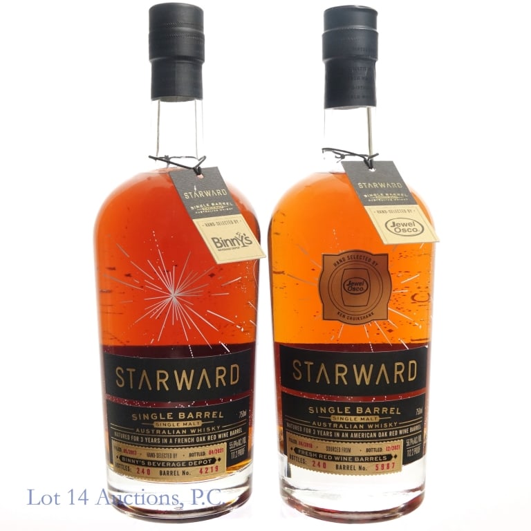 2017, 2018 3 Year Starward Single Barrel Whisky, 2: Two (2) bottles of Starward 3 year old Single Malt, Single Barrel Australian Whisky. 1 - Binny's Pick, bottled 09/2017, barrel no. 4219, 1 of 240 bottles, bottled 04/2021, 111.2 proof, 750ml. 2 - Jewe
