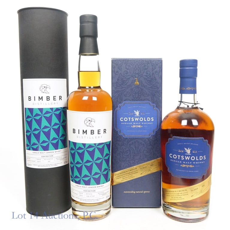 Bimber (USA) & Cotswolds English Whisky (2): Two (2) bottles of English Whisky. Bimber Distillery Single Malt London Whisky, USA Edition. Oloroso finish, Cask number 250/1, 1 of 342 bottles, selected by Glass Revolution Imports, 58.2%abv, 700ml,