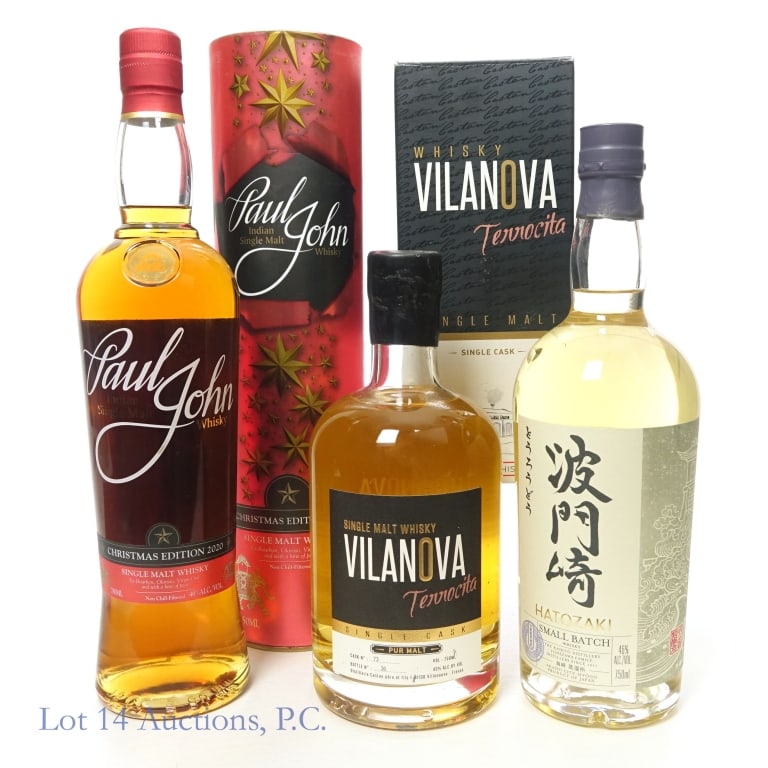French, Indian, Japanese Whisky (3): Three (3) bottles of Whisky. Villanova Terrocita 3 year old Single Malt Whisky, Single Cask, French Whisky. Cask no. 73m bottle no. 36, 43%abv, 750ml. With box. Paul John Indian Single Malt Whisky, Ch