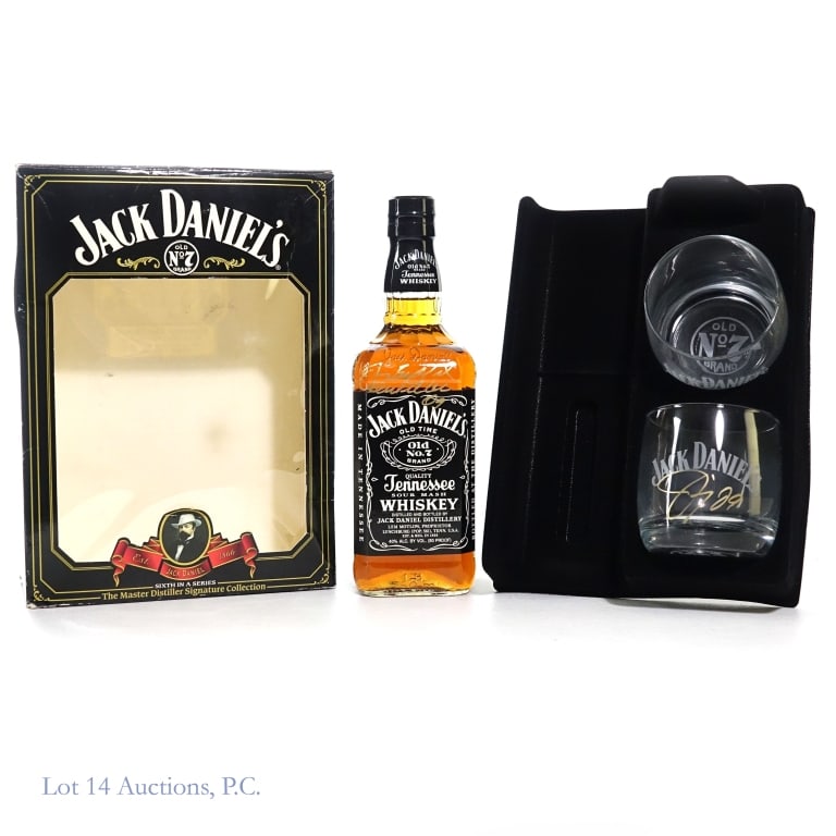 Jack Daniel's Signed Master Distiller Whiskey: Jack Daniel's TN Whiskey gift set, bottle signed by Master Distiller James "Jimmy" Bedford. 80 Proof. 750ml. Box and 2 signed cocktail glasses included. Box shows shelf ware (see photos).