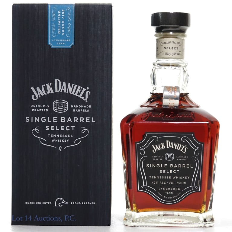 Jack Daniel's Ducks Unlimited Tenn. Whiskey (2017): Jack Daniel's Single Barrel Select Ducks Unlimited Tennessee Whiskey, 94 Proof, 750 ml, Bottled: 08-29-17, Barrel #17-5826, Rick # L-20. Bottle also includes a Ducks Unlimited neck tag. Box included.