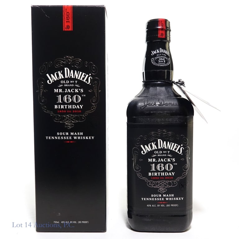 Jack Daniel's 160th Birthday Tenn. Whiskey (2010): Jack Daniel's 160th Birthday Tennessee Whiskey (2010), 80 Proof, 750 ml, Commemorating Mr. Jack's 160th Birthday, 1850-2010, Bottling # 586750A. With box.