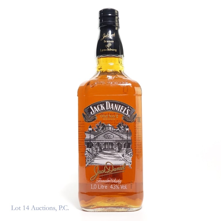 Signed J.D. Scenes From Lynchburg 7 Whiskey Litre: Jack Daniel's Scenes From Lynchburg 7 Tennessee Whiskey, 86 Proof, 1 Litre. Signed by Frank Bobo, Master Distiller #5, 2009.