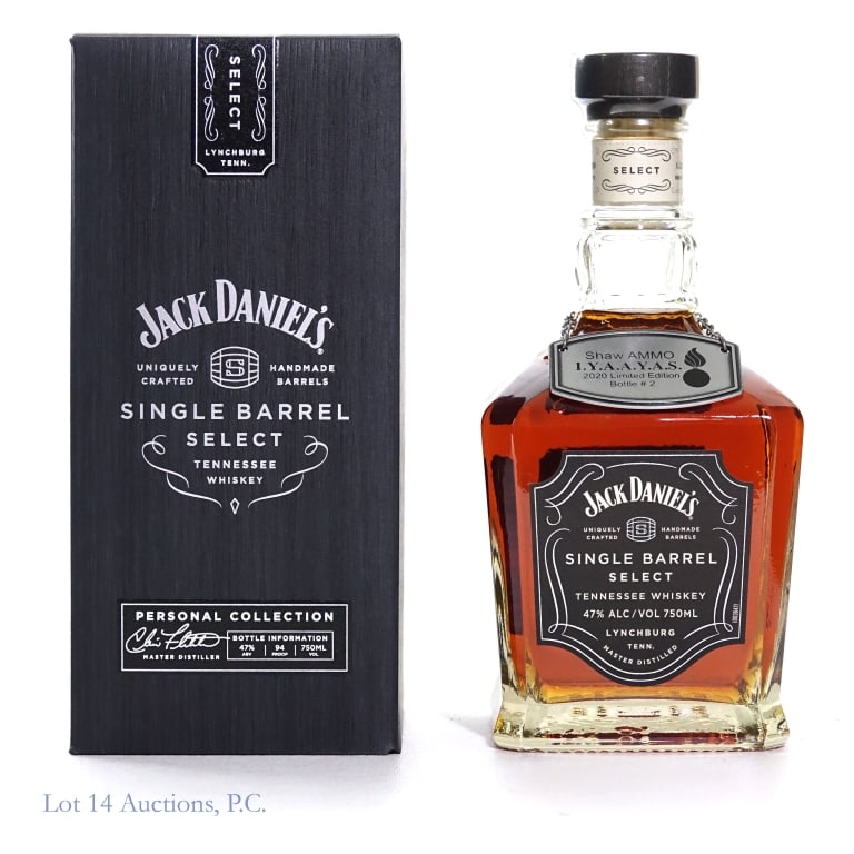 Jack Daniel's Single Barrel Select Whiskey (2020): Jack Daniel's Single Barrel Select Whiskey. Shaw AMMO I.Y.A.A.Y.A.S. 2020 Limited Edition Bottle #2. 750 ml. 94 Proof. Bottled 04.08.20, Barrel #20-01832, Rick #L-22. Metal neck tag and box included. 