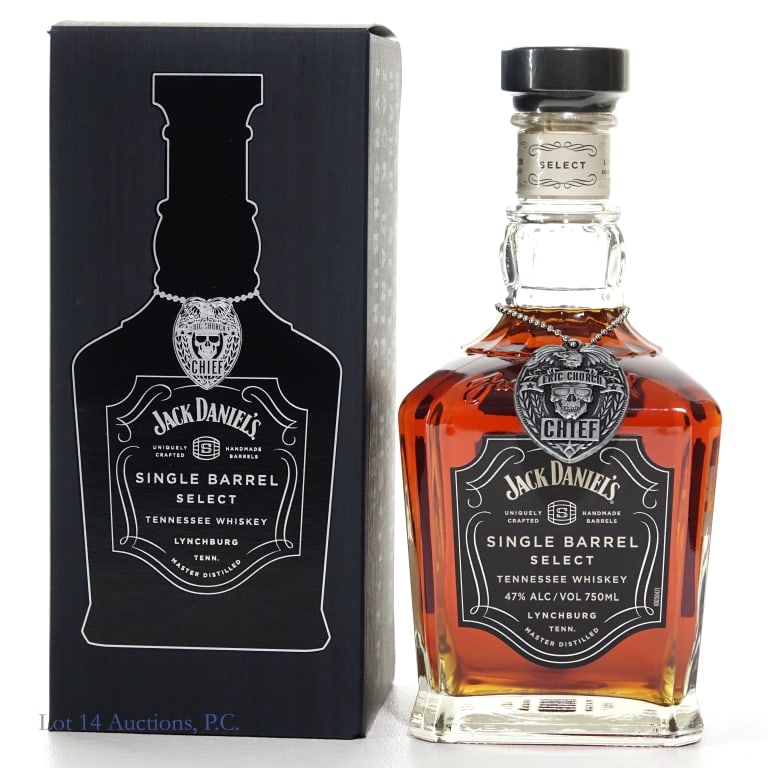 Jack Daniel's Single Barrel Tenn. Whiskey (2018): 1- Jack Daniel's Single Barrel Select Tennessee Whiskey (2018), 94 Proof, 750 ml, Bottled: 12-11-18, Barrel #18-9417, Rick # L-7. Eric Church etched signature on bottle (2019 Double Down Tour). Neck t