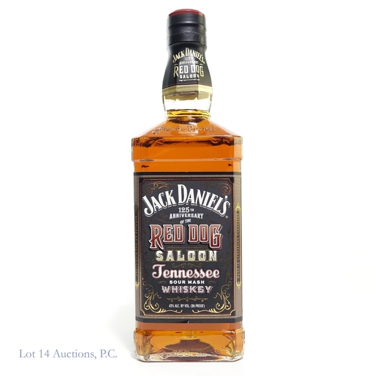 Jack Daniel's Red Dog Saloon Tennessee Whiskey: Jack Daniel's Red Dog Saloon Tennessee Whiskey, 86 Proof, 750 ml, 125th Anniversary bottle, Bottle RD112377. Very small tears to label at bottom on 3 sides.