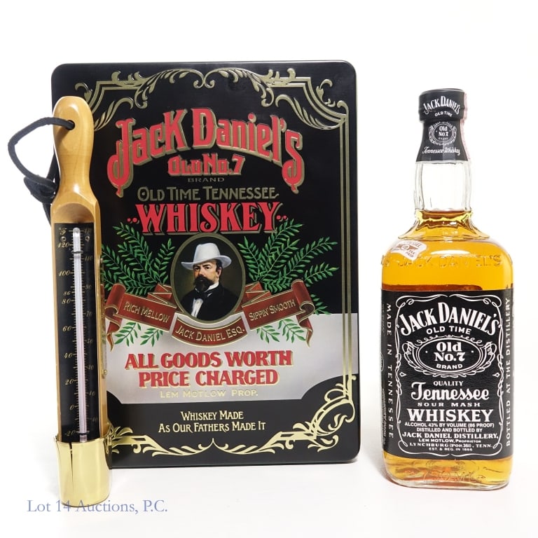 Jack Daniel's Whiskey Thermometer Gift Set & Tin: Jack Daniel's Tennessee Whiskey, 86 Proof, 750 ml. False seal bottle. Estimated to have been bottled in the late 1980s. Gift set includes Jack Daniel's Distiller's thermometer. Vintage Jack Daniel's t