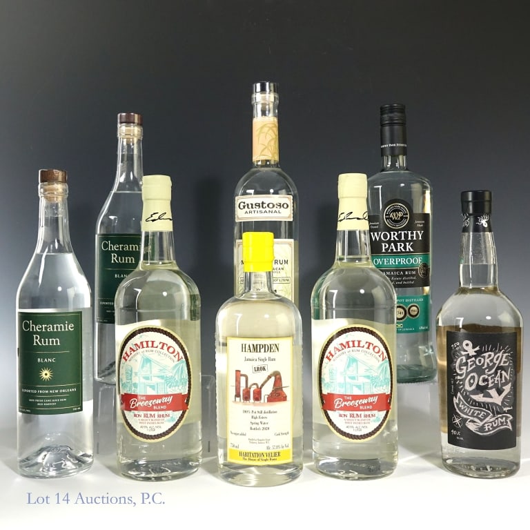 Hampden, Worthy Park, Gustoso Clear Rum (8): Eight (8) total bottles in this lot. 1- 2020 Hampden Jamaica Single Rum LROK. 100% Pot Still Distillation. Cast Strength. 750 ml. 57.8% ABV. 1- Worthy Park Overproof Jamaica Rum. 100% Copper Pot Disti