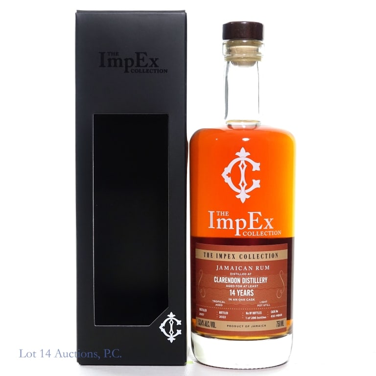 ImpEx Collection 14yr Single Cask Jamaican Rum: The ImpEx Collection. Single Cask Jamaican Rum. Clarendon Distillery. Aged for at least 14 years in an Oak Cask. 1 of 286 Bottles. 750 ml. 53.4 ABV. Box included.