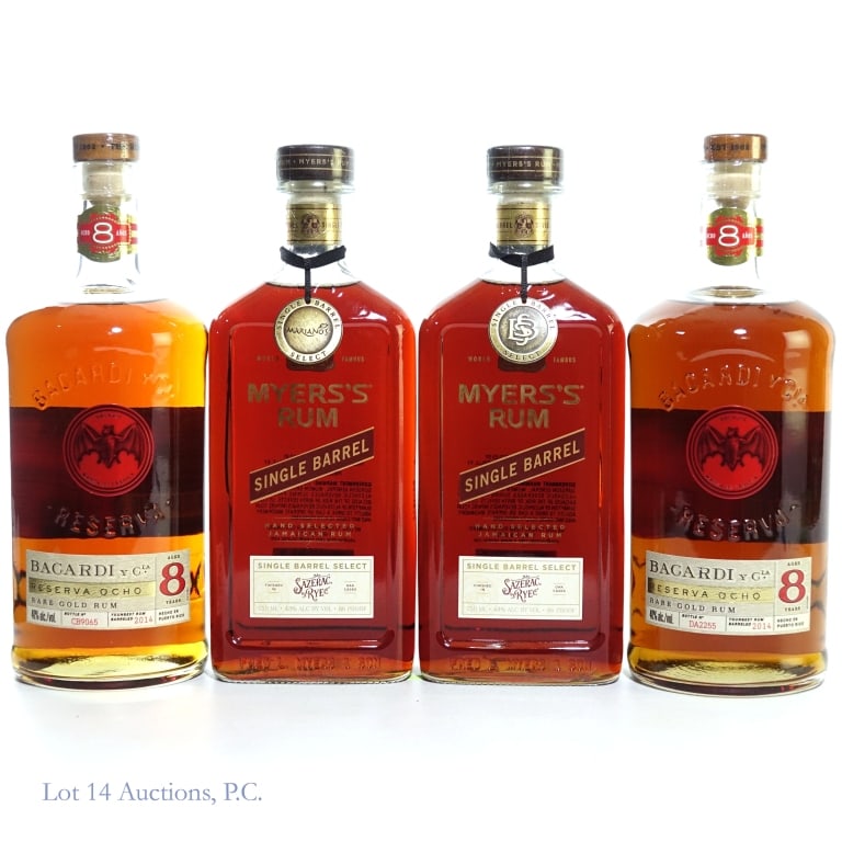 Myers's Single Barrel & Bacardi Rare Gold Rum (4): Four (4) bottles in this lot. 2- Myers's Single Barrel Hand Selected Jamaican Rum. Finished in Sazerac Rye oak casks. Single Barrel Mariano's Select Pick. 750 ml. 86 Proof. 2- 8 Year Bacardi Y Cia Res