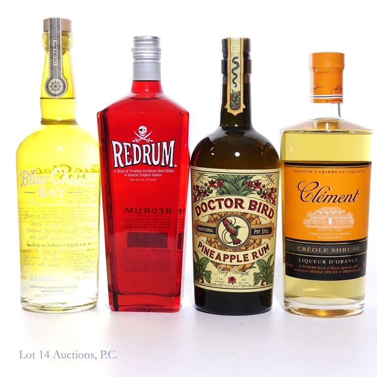 Mixed Flavored Caribbean, Jamaica Rum Lot (4): Four (4) bottles in this lot. 1- Clement French Caribbean Creole Shrubb Liqueur D'Orange Rum. 750 ml. 40% ABV. Visible sediment at the bottom of bottle. 1- Redrum Blended Premium Caribbean Rum & Natur