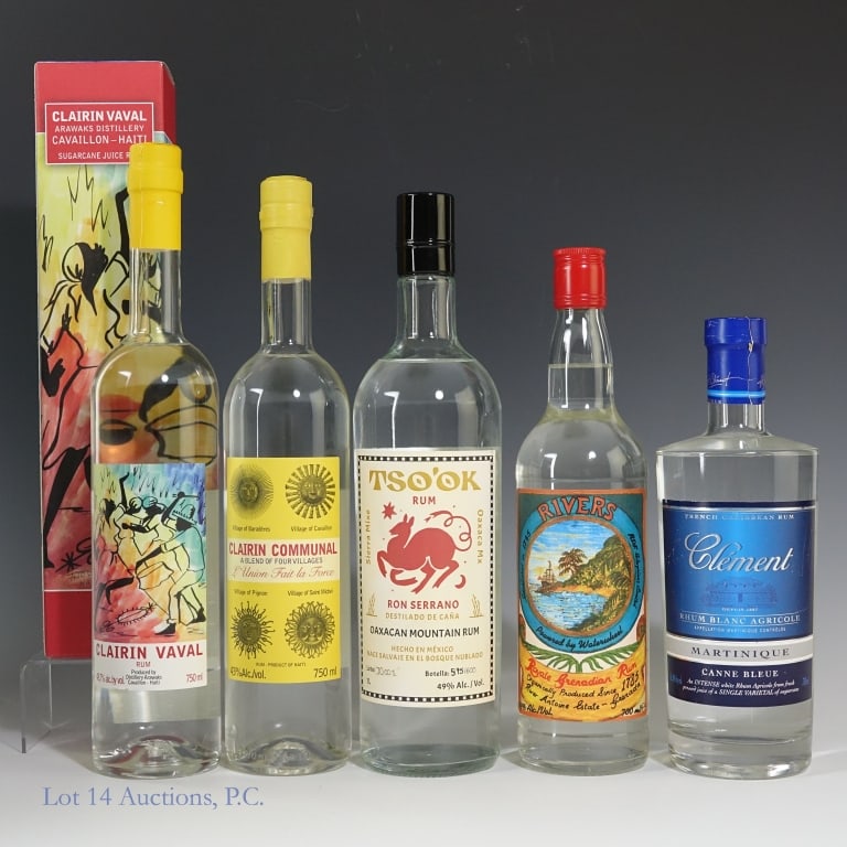 Rum / Rhum - Clairin, Rivers, TSO'OK, Clement (5): Five (5) total bottles in this lot. 1- 2018 Clairin Vaval Pot Still Proof Haitian Rum. 750 ml. 48.7% ABV. 1- Clairin Communal Blend of Four Villages Haitian Rum. 750 ml. 43% ABV. 1- Rivers Royale Gren