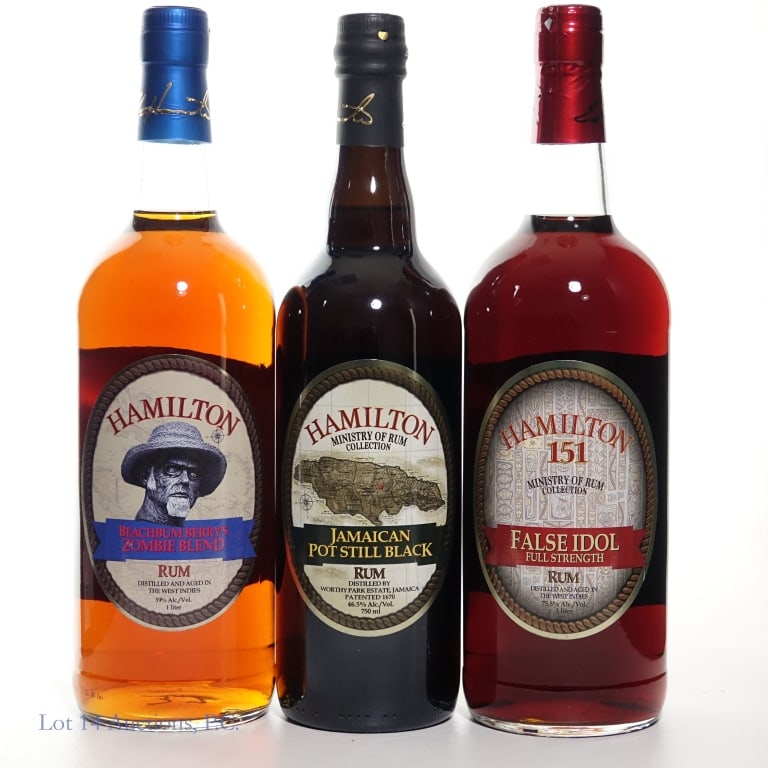 Hamilton West Indies (2) Jamaican (1) Rum: Three (3) bottles total in this lot. 1- Hamilton Beachbum Berry's Zombie Blend West Indies Rum. 1 Liter. 59% ABV. 1- Hamilton 151 Ministry of Rum Collection False Idol Full Strength Rum distilled and 