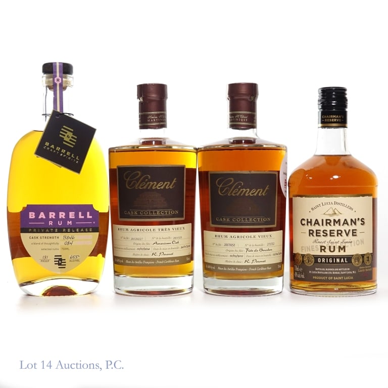 Clement, Barrell, Chairman's Reserve Rum (4): Four (4) Bottles total in this lot. 1- Clement Cask Collection Edition Limited Rhum Agricole Tres Vieux. Bottle number: 263 / 320. Bottled: 24/01/2019. 750 ml. 56.6% ABV. 1- Clement Cask Collection Ed