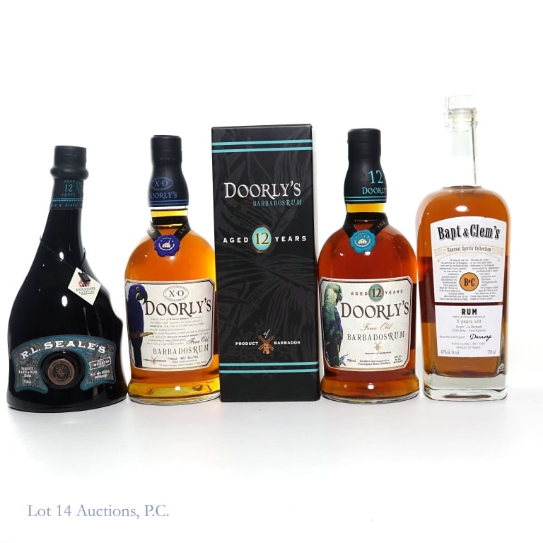 Doorly's, Bapt & Clems, RL Seale's Rum (4): Four (4) bottles in this lot. 1-5 Year Bapt & Clem's Rum. Unusual Spirits Collection. Bottle number 209 / 1650. 750 ml. 43% ABV. High shoulder fill. Visible sediment at bottom of bottle. 1-12 Year R. 