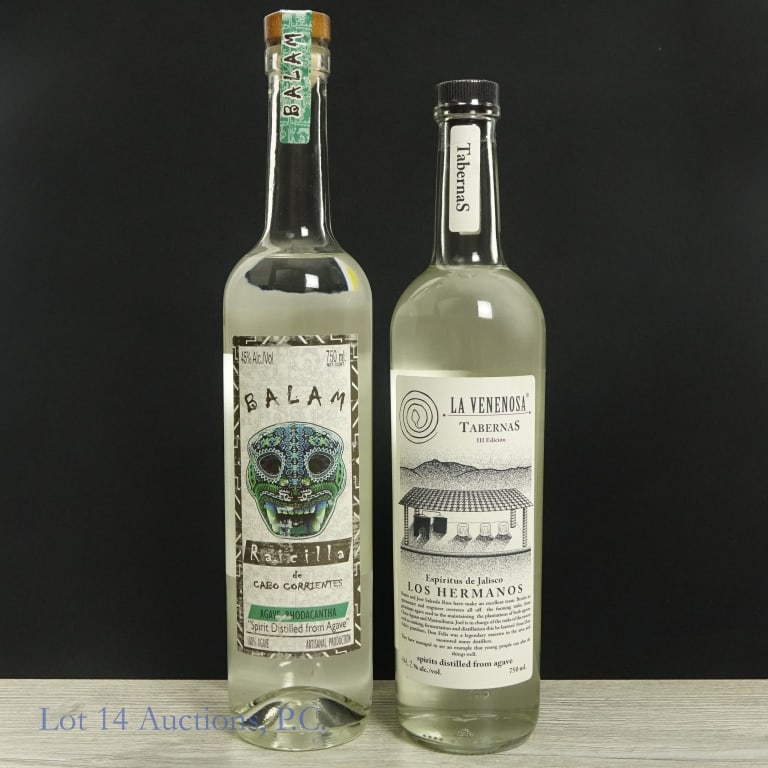 Mexican Agave Spirits (2): Two (2) bottles of spirits from Mexico distilled from Agave. Balam Raicilla de Cabo Corrientes, Agave Rhodacantha, 100% Agave, Artisanal Production, 45%abv, 750ml, Bottle 0133, Lot H02-14, Date: 04-05