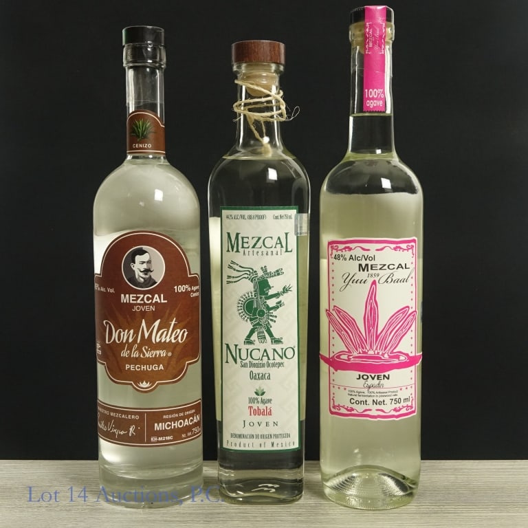 Nucano, Don Mateo & Yuu Baal 100% Agave Mezcal (3): Three (3) bottles of 100% Agave Mezcal. #1 - Nucano, Oaxaca Tobala Joven Mezcal, 44.2%abvm 750ml. #2 - Don Mateo de la Sierra Pechuga Mezcal Joven, 45%abv, 750ml. #3 - Yuu Baal Joven Espadin Mezcal, 4