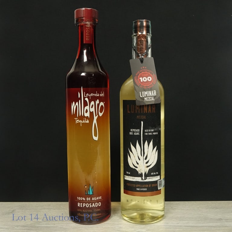 Luminar Reposado Mezcal & Milagro Reposado Tequila: Two (2) bottles of 100% Agave Reposado Mexico Spirits. Milagro Tequila, 100% Agave, Reposado. 40% abv, 750ml, NOM 1559. Luminar Mezcal, Reposado, 100% Agave, Aged in oak for three months. NOM0286X.